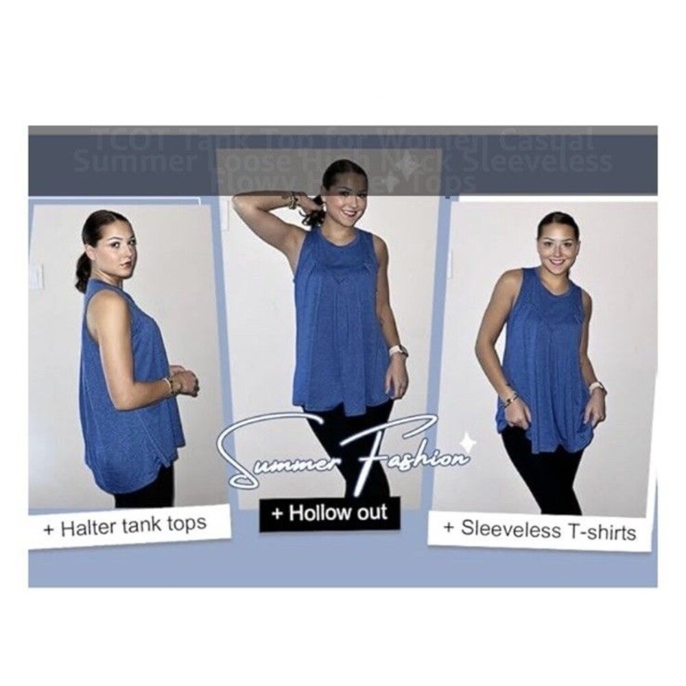 TCOT Sleeveless Tank Womens Sz  L Loose Fit Flowy Pleated Cami Shirt Blouse Blue